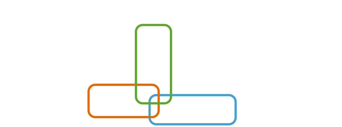 Drei einandern überlappende abgerundete, weiße Rechtecke mit den Linienfarben Grün, Orange und Blau bilden das Triowerk-Logo